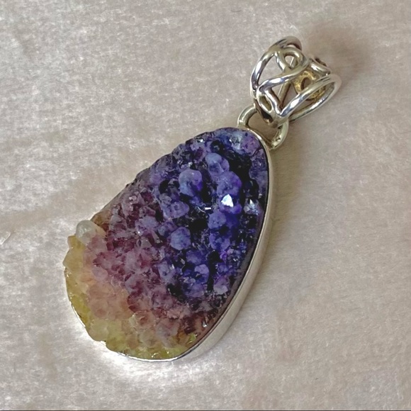 Sterling Silver Amethyst Ametrine Druzy Cluster Pendant - Picture 3 of 6